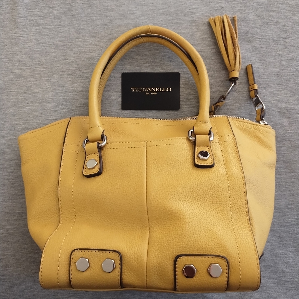 Tignanello Yellow Pebbled Leather Handbag With Detachable Shoulder Strap